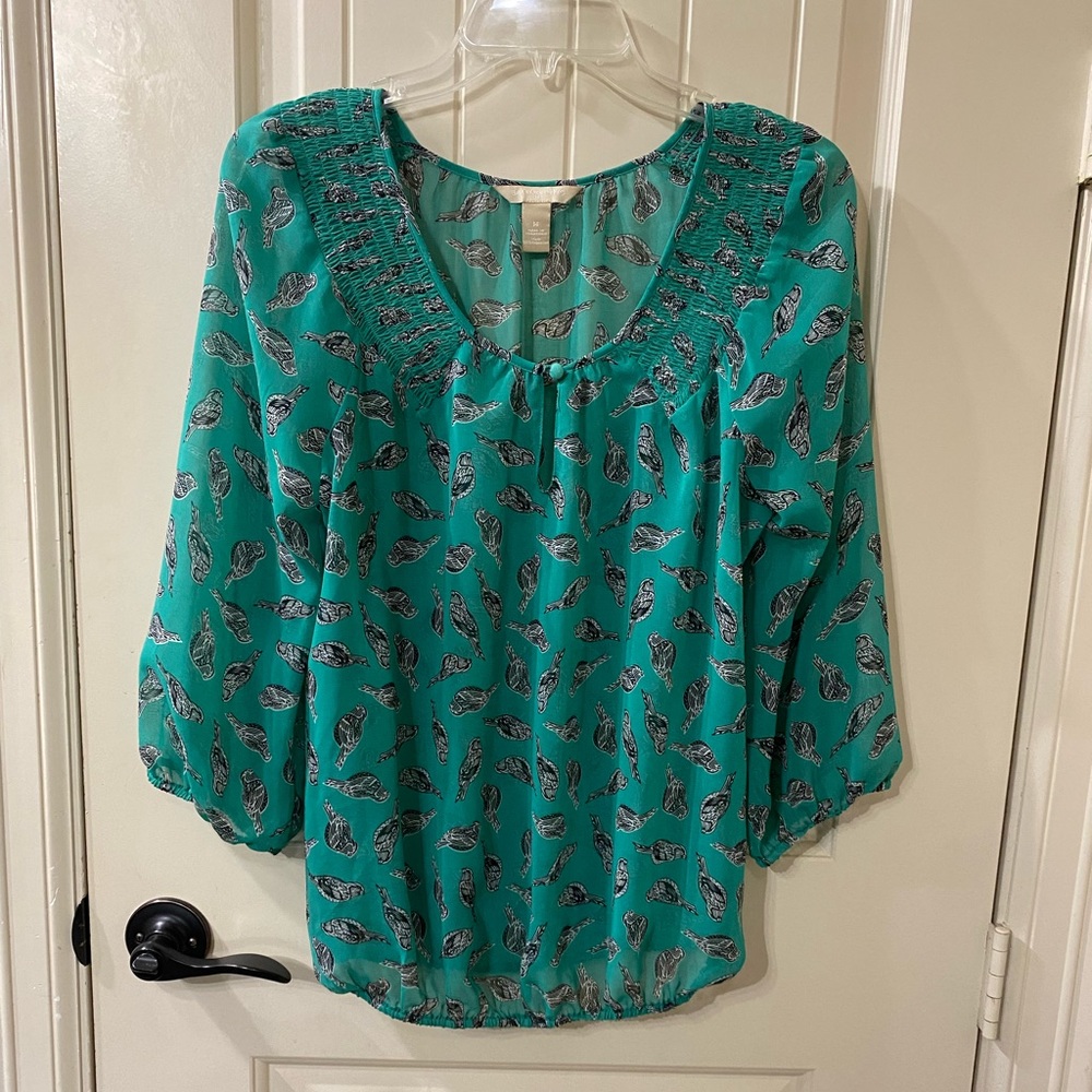 Women's Summer MED Green Chiffon Sheer Toile Peasant Blouse Top Shirt Birds B